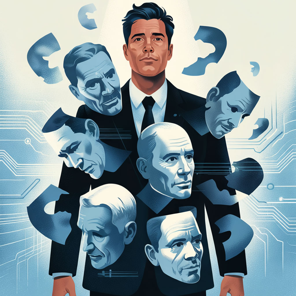 Animated man standing with other heads surrounding him