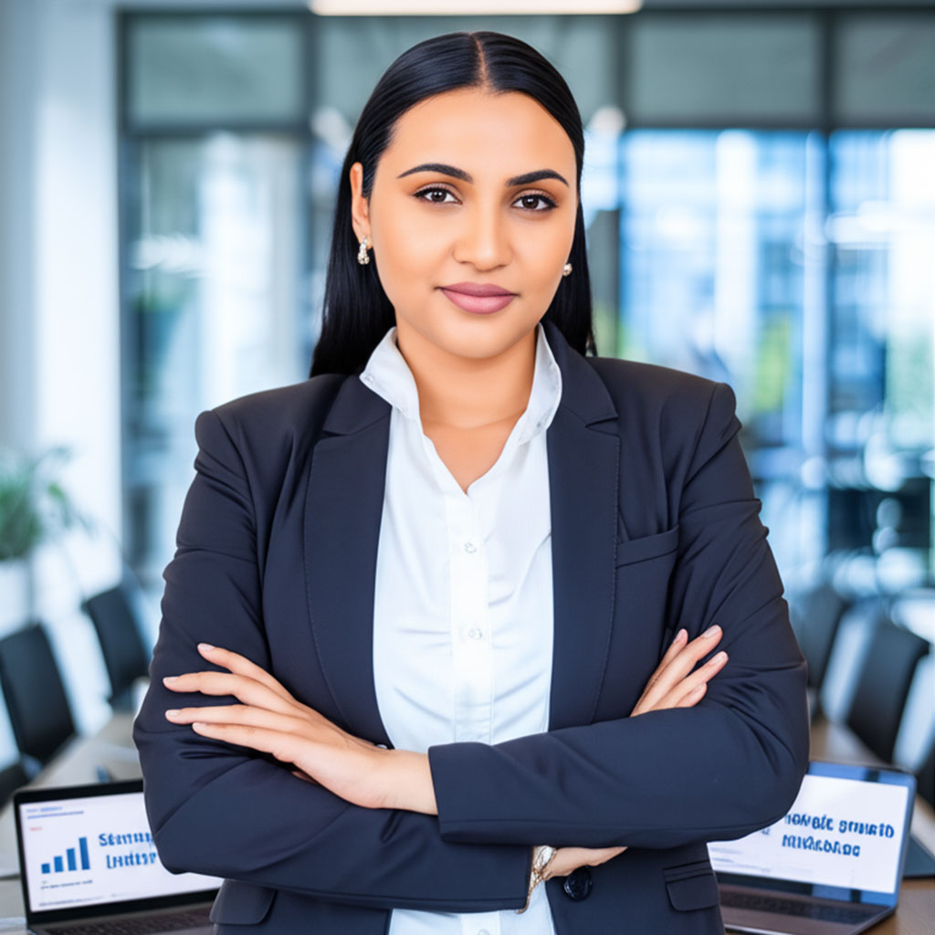 Lady standing in an office.