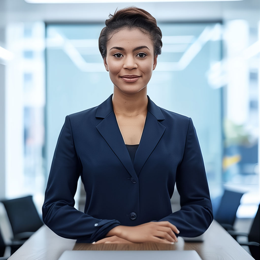 Lady standing in an office in front of table